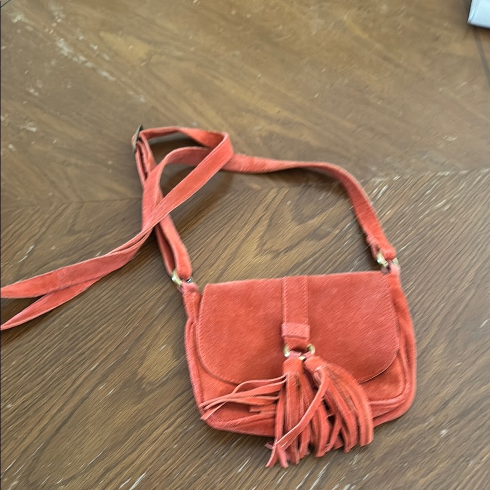 Fringe Suede Bohemian Rust Orange Leather Crossbody Bag with Tassel Detail